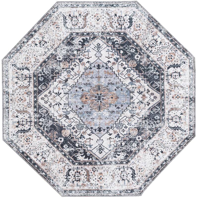 Traditional Tira Collection Area Rug - 5'x5' Octagon - Linen-Charcoal