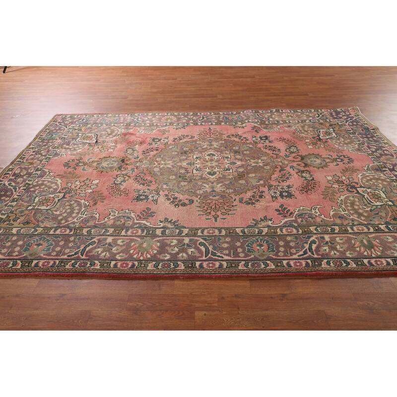 Pink Tabriz Persian Vintage Area Rug Handmade Wool Carpet - 6'8" x 9'10"