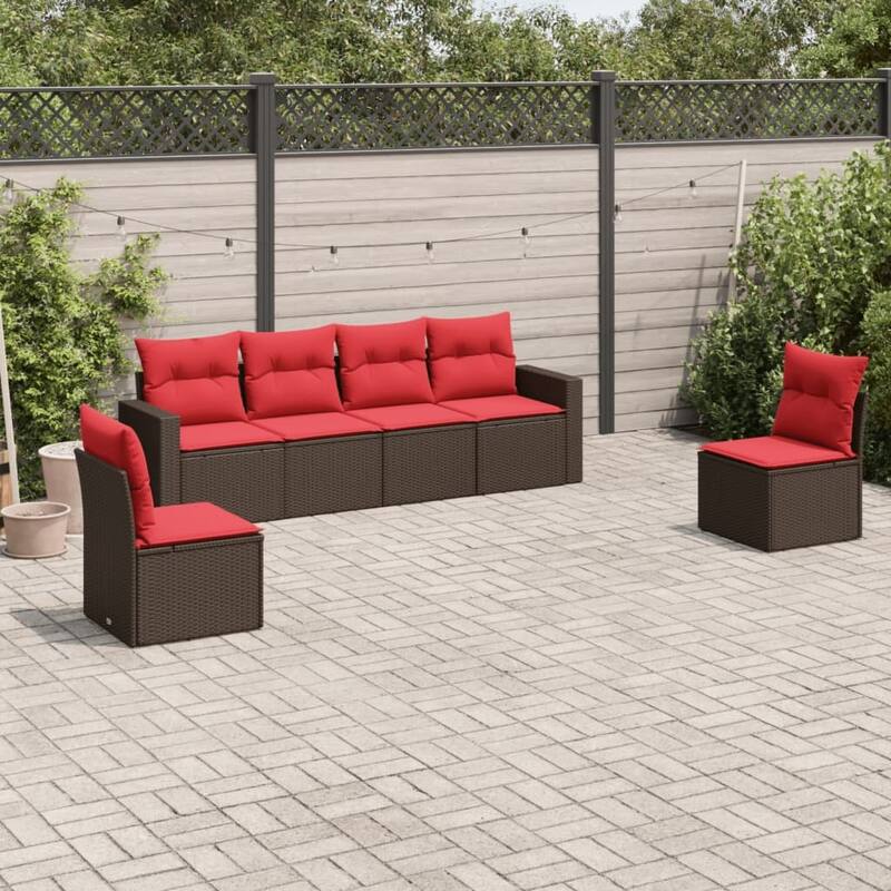 vidaXL Patio Sofa Set with Cushions Outdoor Conversation Furniture Poly Rattan - 25.8" x 24.4" x 27.2" - Brown and red without table