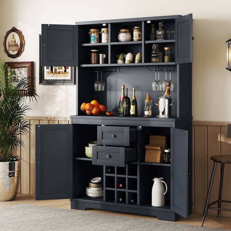 Anmytek Dark Blue Farmhouse Coffee Bar Cabinet, Kitchen Buffet with Wine Storage and Glass Racks - Black