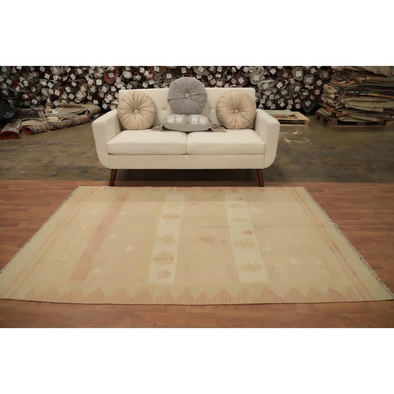 Hand Woven Oriental 100% Wool Carpet Southwestern Tribal Beige & Ivories Kilim Area Rug - 7' 0'' X 4' 9''