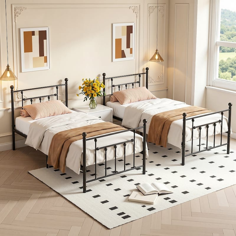 VECELO Metal Platform Bed Frame with Headboard and Footboard Heavy Duty Slat Support Underbed Storage Space Victorian Style