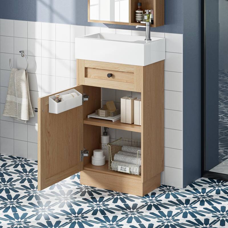 18.5"Bathroom Vanity with Resin Sink, MDF Cabinet with Adjustable Shelf, Wood Grain Melamine Finish, Reversible Door