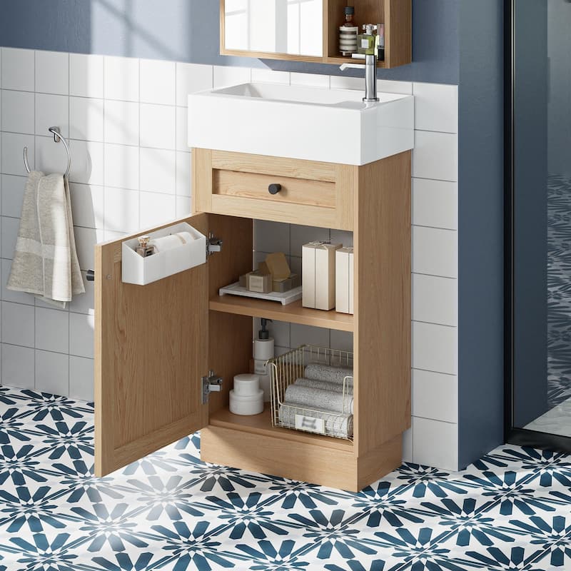 Roomfitters 18.5" Bathroom Vanity with Resin Sink, Adjustable Shelf, Reversible Door, Zinc Alloy Handles, Wood