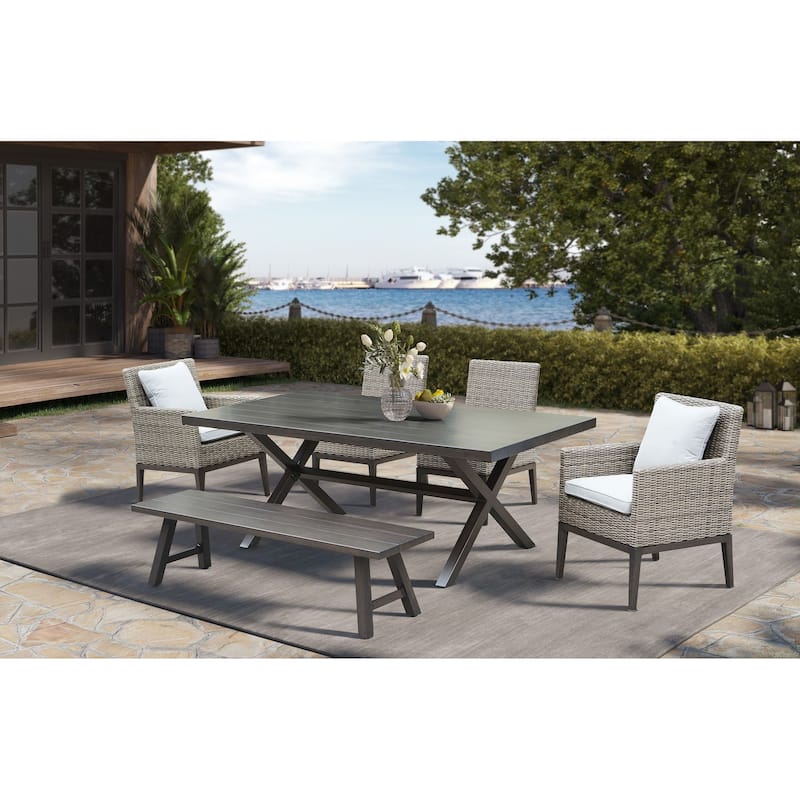 Mersin 6-Piece Outdoor Dining Set with Bench, Light Gray