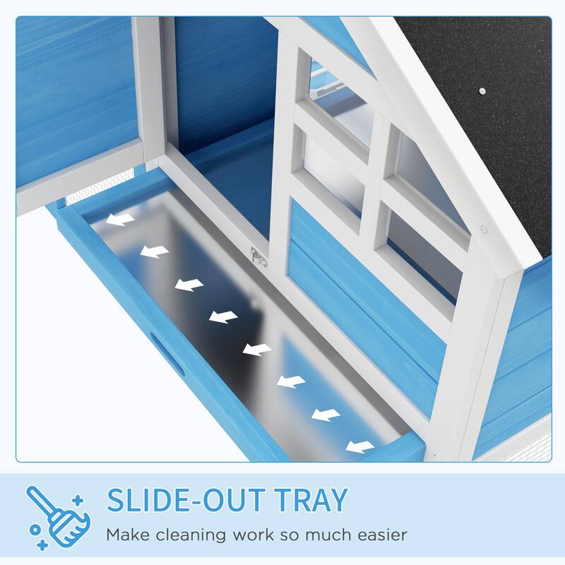 Light Blue Indoor Outdoor Wooden 2-Story Bunny Hutch with Run and Ramp Tray - 48" L x 24.75" W x 36.25" H
