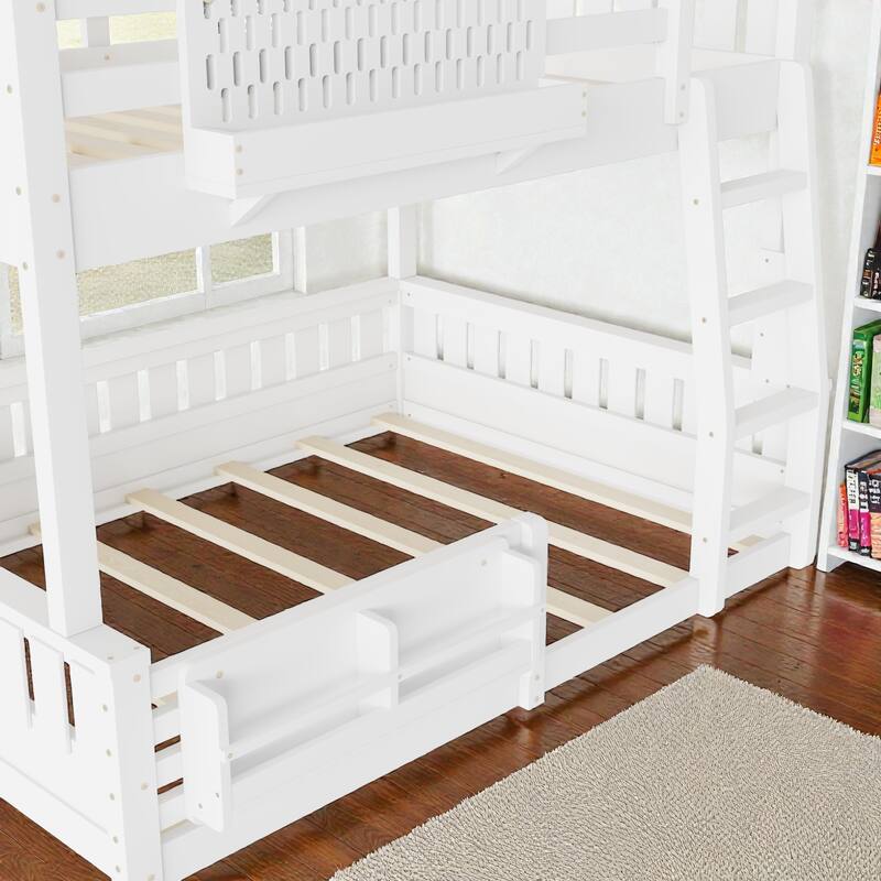 Full XL over Queen / Full over Queen Bunk Bed with Ladder, Guardrails, Pegboard & Built-In Bookshelf, Solid Wood Frame