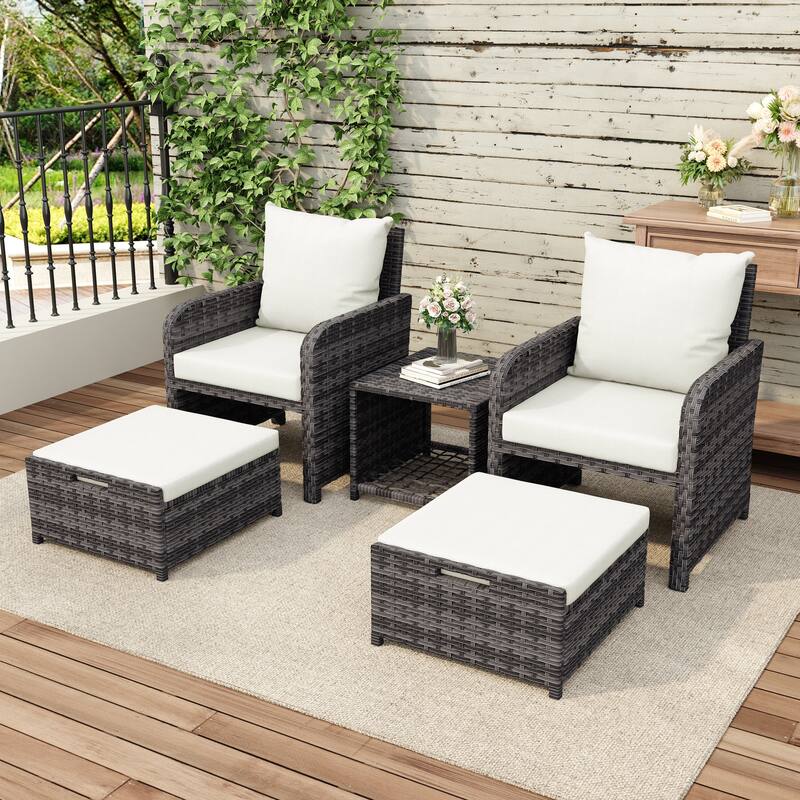Patio 5 Pieces Rattan Cushioned Conversation Set With Ottoman Coffee Table