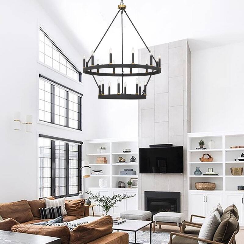 Acroma 40 in. Black Modern Wogan Wheel Chandelier 2-Tier Vintage Candle Light Fixture