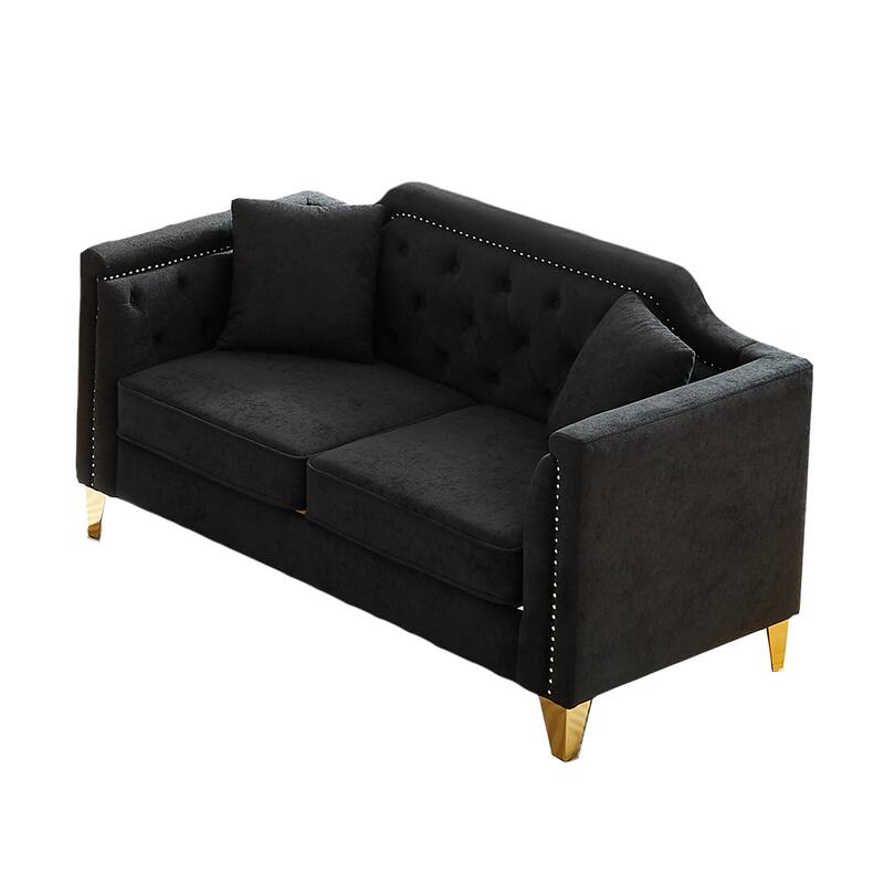 Mid-century Chenille Pull Buckle Sofa, Buttons Tufted With Copper Nail and Metal Leg