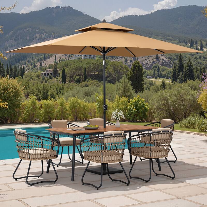 9PC Outdoor Patio Dining Set Wood-Like Aluminum Umbrella Hole Table with Rattan Chairs,Double Top Market Umbrella and Base - BrownTable&BeigeChairs