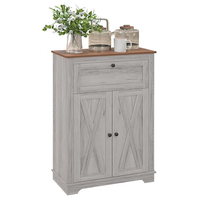 Farmhouse Barn Door Accent Cabinet, Kitchen Sideboard with Double Doors, Drawer, Adjustable Shelf for Living Room, Light Grey
