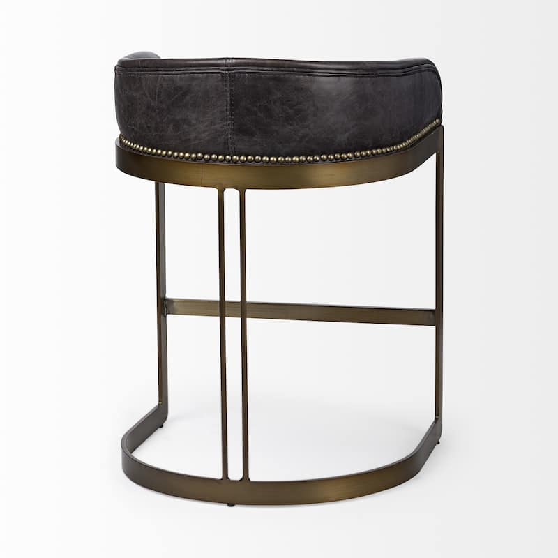 29" Black Leather Antiqued Gold Low Back Counter Stool - 19.75"W x 20.5"D x 29"H