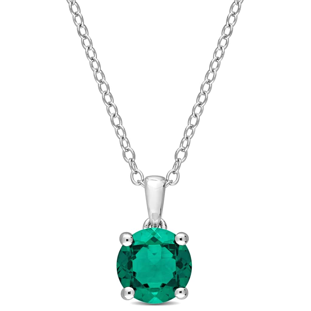 Miadora Created Emerald Solitaire Birthstone Necklace in Sterling Silver