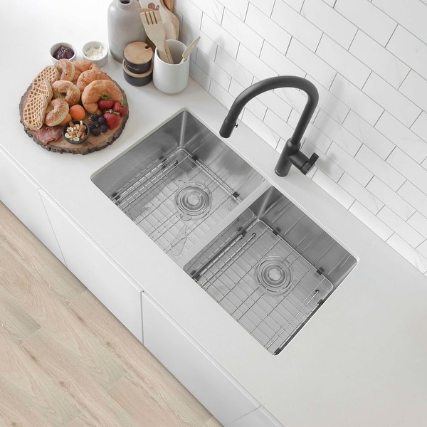 slide 2 of 12, Stylish Undermount 32" Double-Bowl Stainless Steel 18G Kitchen Sink S-301G - 32" x 18" x 10"