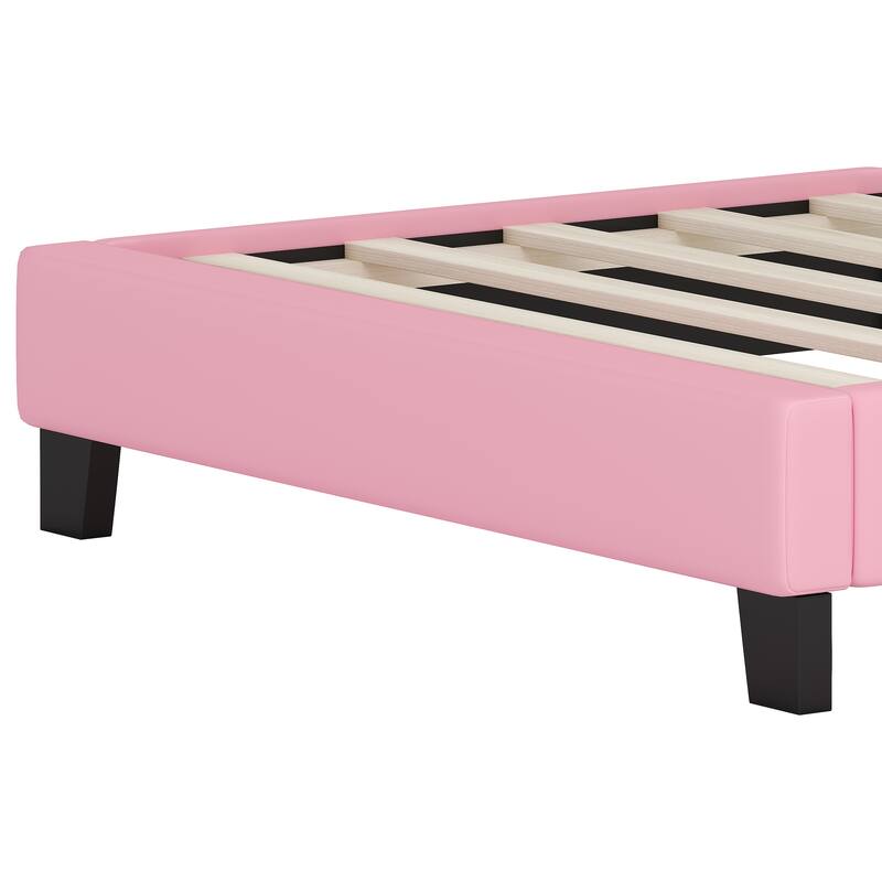 Cute Girl Princess Bed with Crown Headboard, PU Upholstered Platform Bed, Wood Panel Bed Low Profile Bed