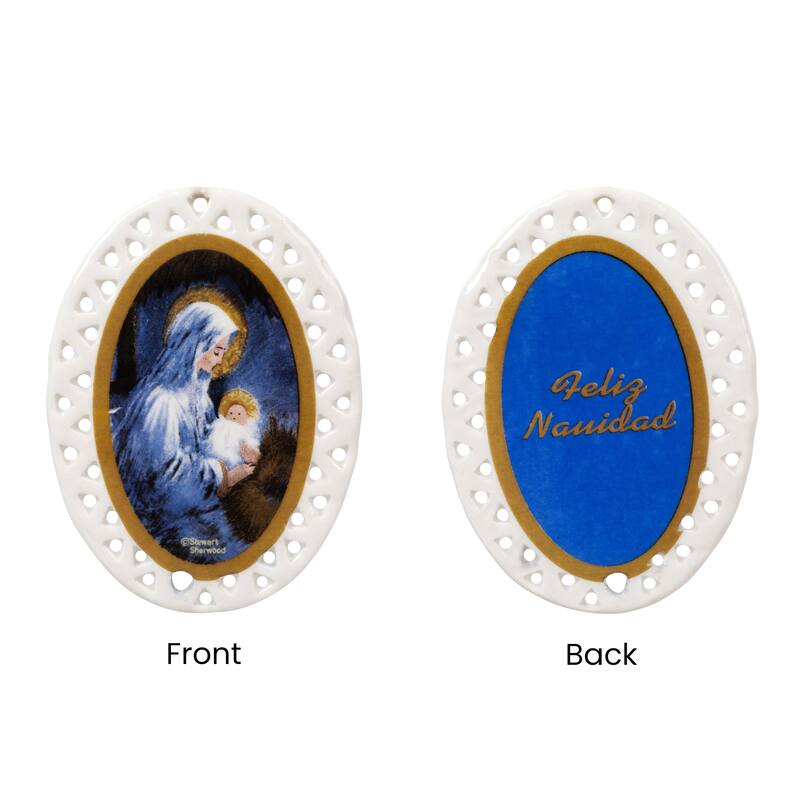 Club Pack of 192 Ivory Blue Jesus with Mary Christmas Ornaments 3.75"