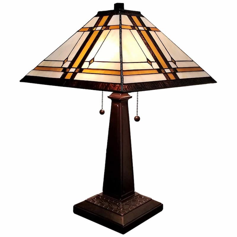 Dark Brown Metal Table Lamp with Dual Beige-Stained Glass Shades - 11” x 21” x 22” (D x W x H)