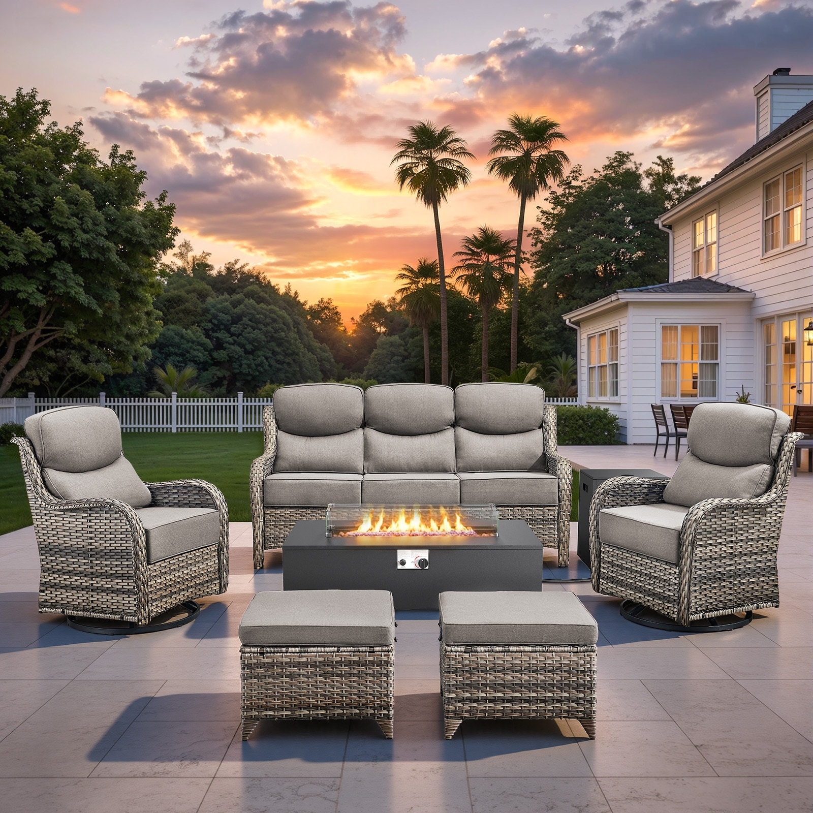 Pocassy 43 In Fire Pit w/ Outdoor Sofa Swivel Chair Ottoman Set