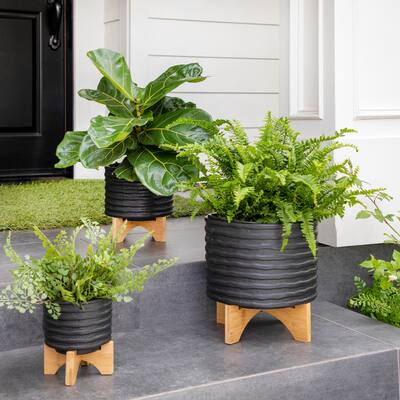 Black Ceramic Handmade Planter with Bamboo Wood Stand - 8.0" x 8.0" x 7.0"
