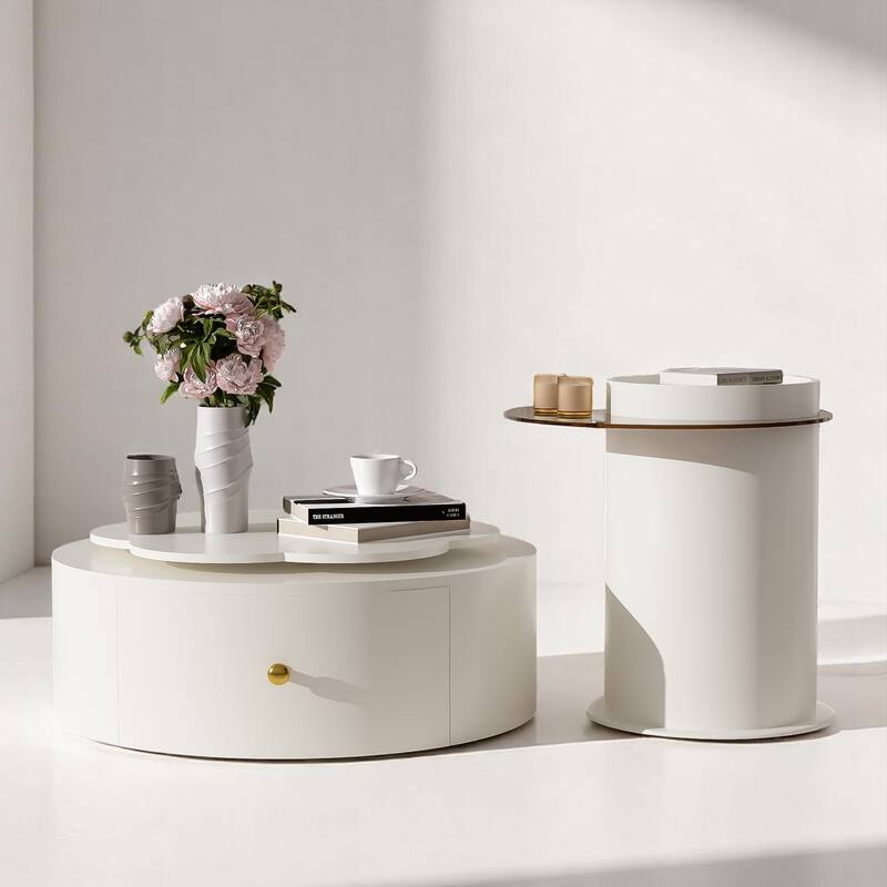 2-Piece Rotating Flower-Shaped Coffee Table Set, Drawers, and Top Circle Side Table End Table with Glass for Living Room