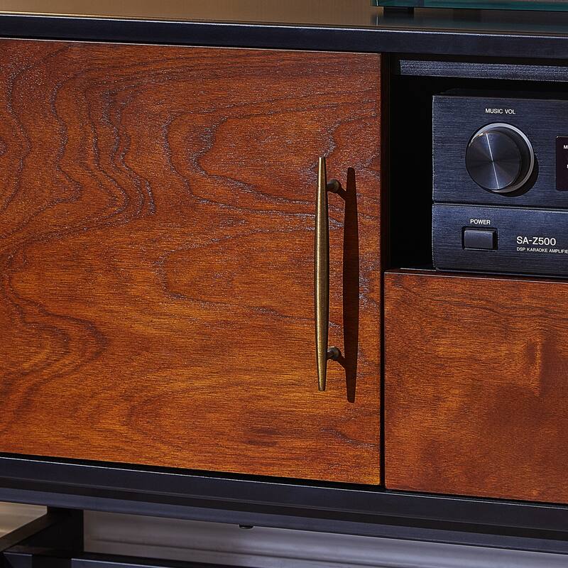 63" Midcentury Modern TV Cabinet, Whiskey Maple & Black Console with Cord Outlets, for Living Room or Entryway