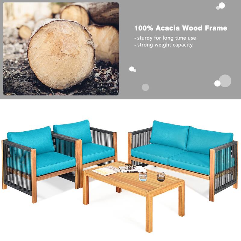 Costway 4PCS Wooden Patio Furniture Set Cushioned Sofa W/Rope Armrest - 4-Piece Sets