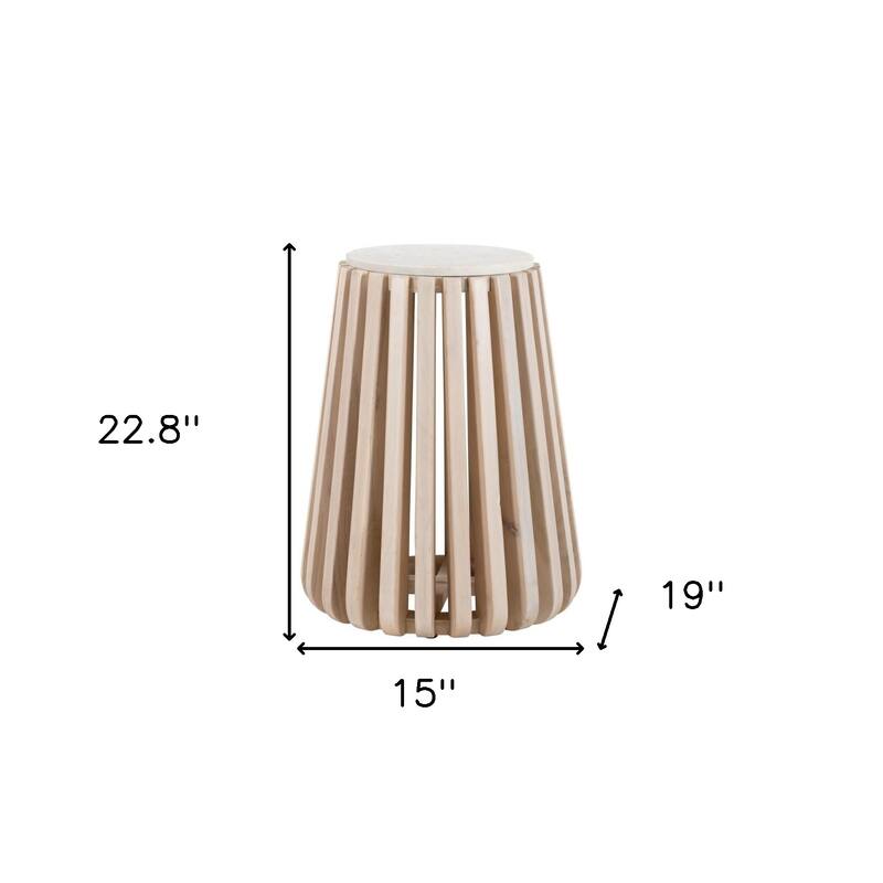 HomeRoots 23" White and Natural Distressed Marble and Wood Round Drum End Table - 15.00 in. x 22.80 in. x 19.00 in.