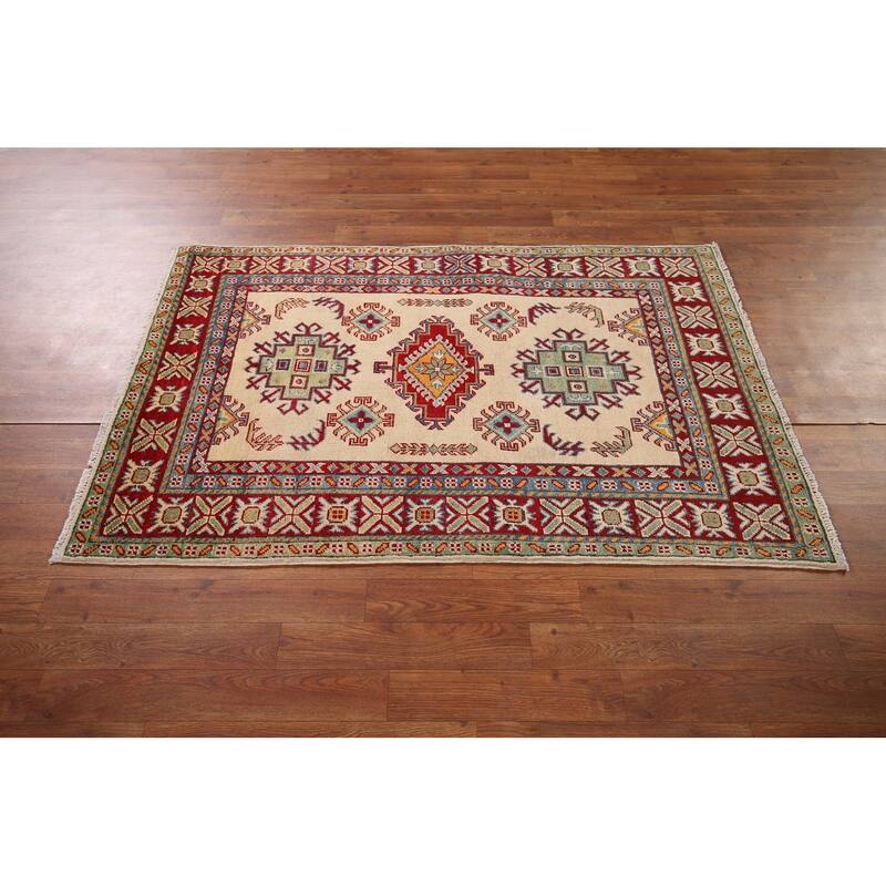 Geometric Beige Kazak Accent Rug Hand-Knotted Wool Carpet - 3'3" x 5'1"