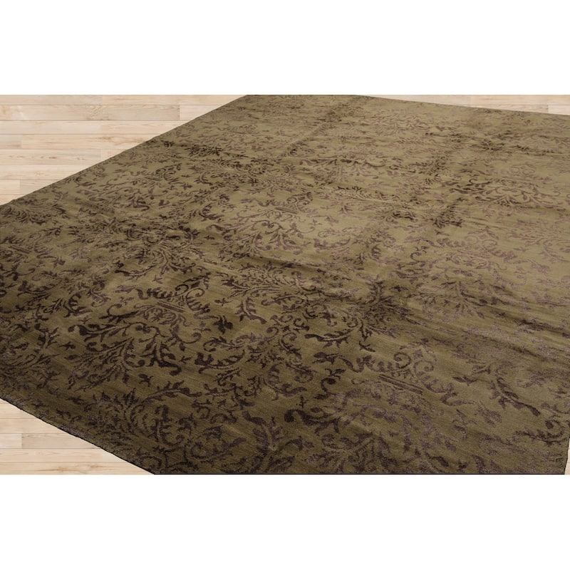 Hand Knotted Damask Moss Tibetan 100% Wool Modern Oriental Area Rug - 9' x 12'
