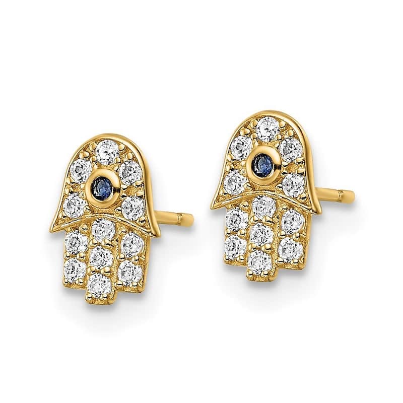 Curata 14k Gold CZ Cubic Zirconia Simulated Diamond and Blue Glass Stone Hamsa Post Earrings Measures 8.1x5.75mm Wide