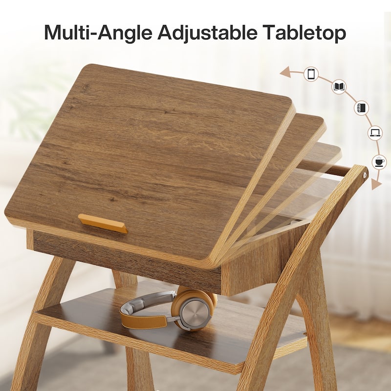 3-Tier Rolling Side Table, Adjustable Tabletop End Table with 1 Drawer, TV Tray for Small Spaces, Living Room