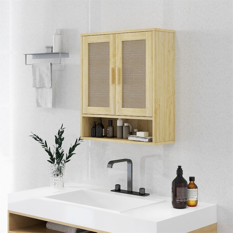 Distressed Oak Particleboard Wall Cabinet with Rattan Doors and Shelves - 23.2" W x 7.9" D x 26.2" H - Distressed Oak