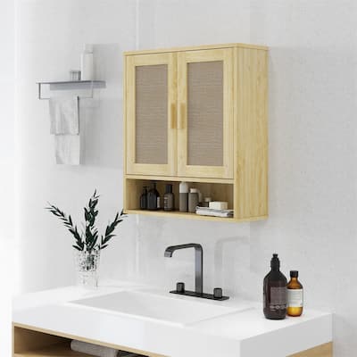 Distressed Oak Particleboard Wall Cabinet with Rattan Doors and Shelves - 23.2" W x 7.9" D x 26.2" H
