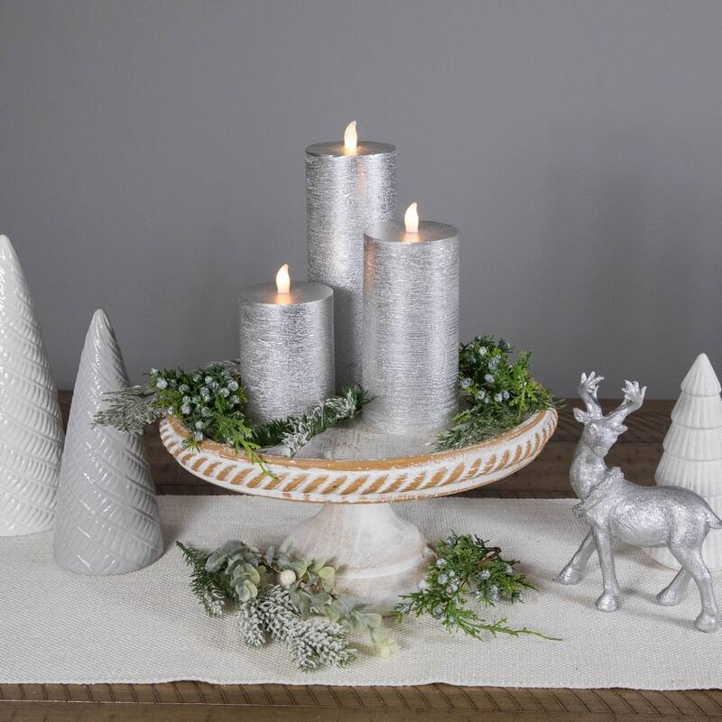 Flameless Flickering LED Wax Pillar Candles - 8" - Brushed Silver - Set of 3