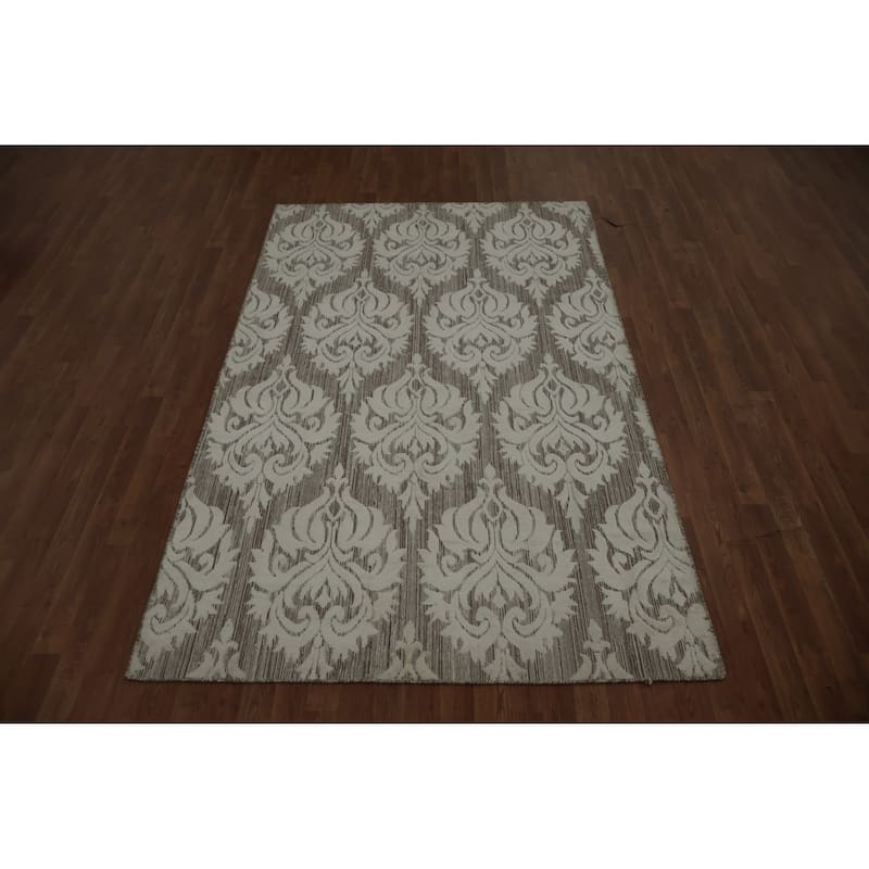 Hand Knotted Oriental 100% Wool Carpet Modern Damask Beige & Ivories Contemporary Area Rug - 8' 0'' X 5' 0''