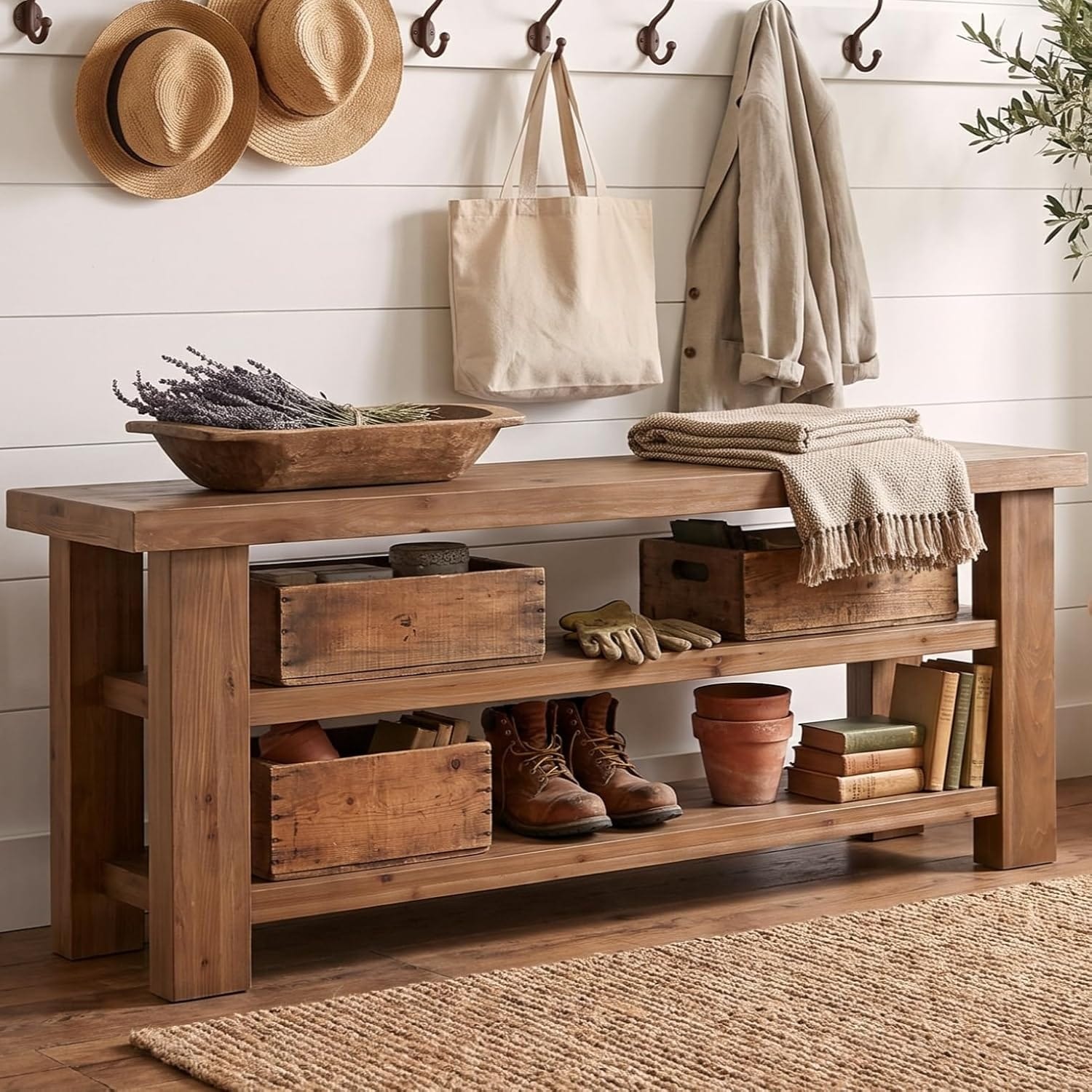 63’’ Solid Wood Shoe Storage Entryway Bench with 2-Tier Open Storage Shelves