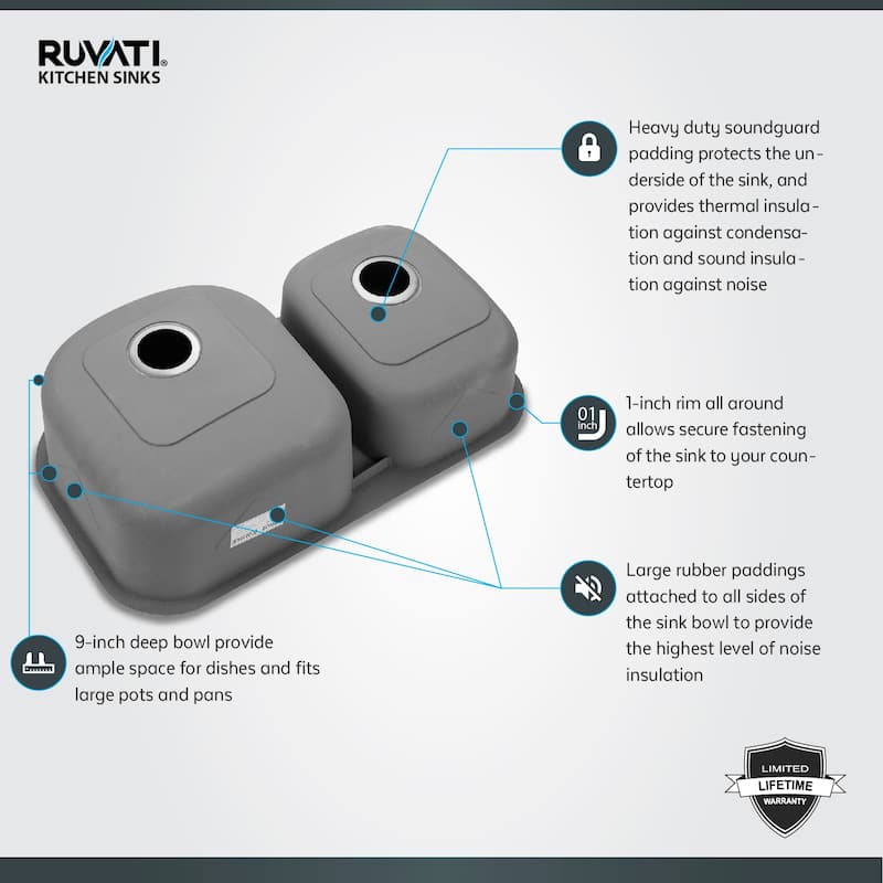 Ruvati 34-inch Undermount 40/60 Double Bowl 16 Gauge Stainless Steel Kitchen Sink - RVM4605 - 33-5/8″ x 20-1/2″