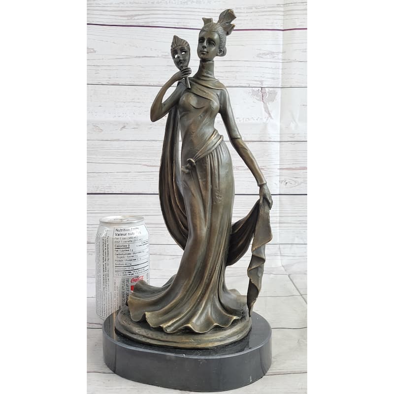 Masquerade Ball Art Deco Bronze Statue Sculpture Figure Holding Mask 14 Inches X 7 Inches