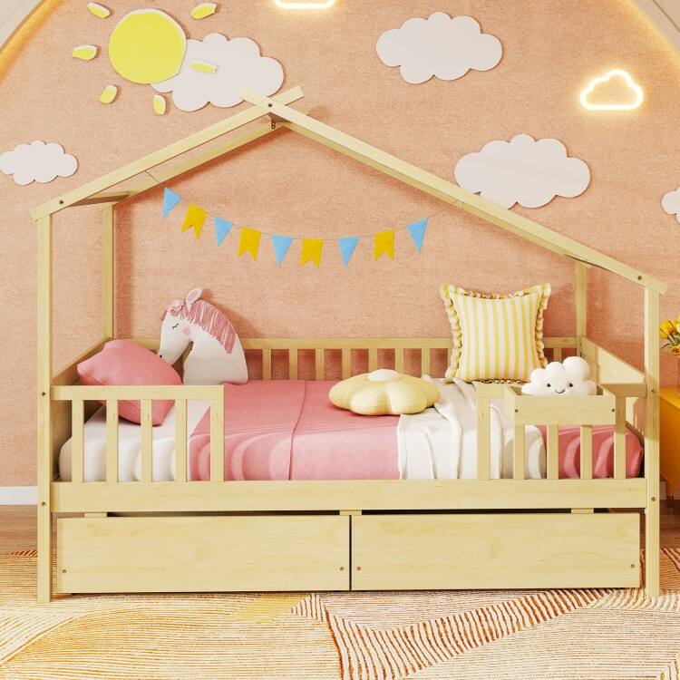 Twin House Bed with 2 Storage Drawers and Roof & Fence Rails