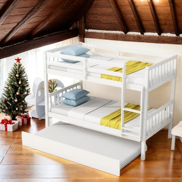 slide 2 of 9, Solid Wood Detachable Twin Over Twin Bunk Beds with Trundle,Safety Rail and Ladder White