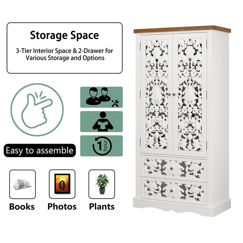 Vintage Carved White Storage Cabinet Accent Cabinet Bookshelves Curio Cabinet