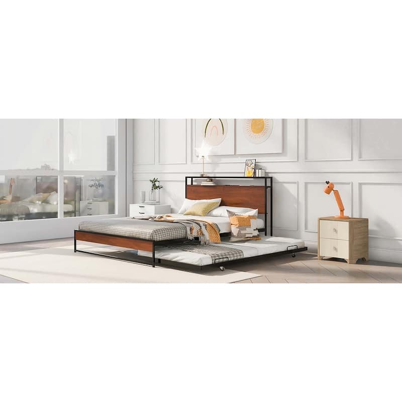 Metal Platform Bed Frame with Trundle & USB Ports