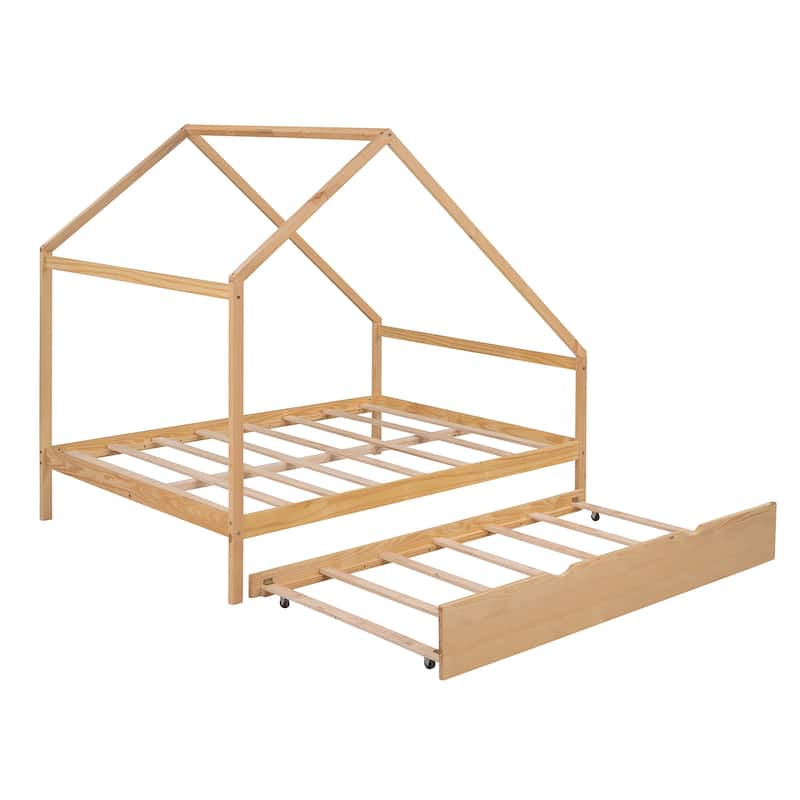 Wooden House Bed With Trundle