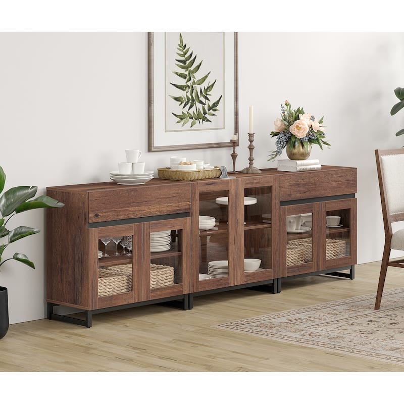 WAMPAT 3 in 1 Modern Sideboard with Adjustable Shelves and 2 Drawers, Coffee Bar Cabinet for Living Room, Kitchen - 94.5 inches - Brown