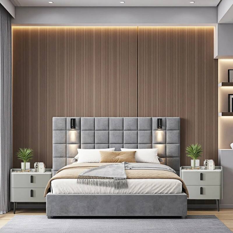 3-Pieces Bedroom Sets,Velvet Upholstered Bed with Grid Pattern Padded Headboard, Nightstands Set of 2 with 2 Drawers