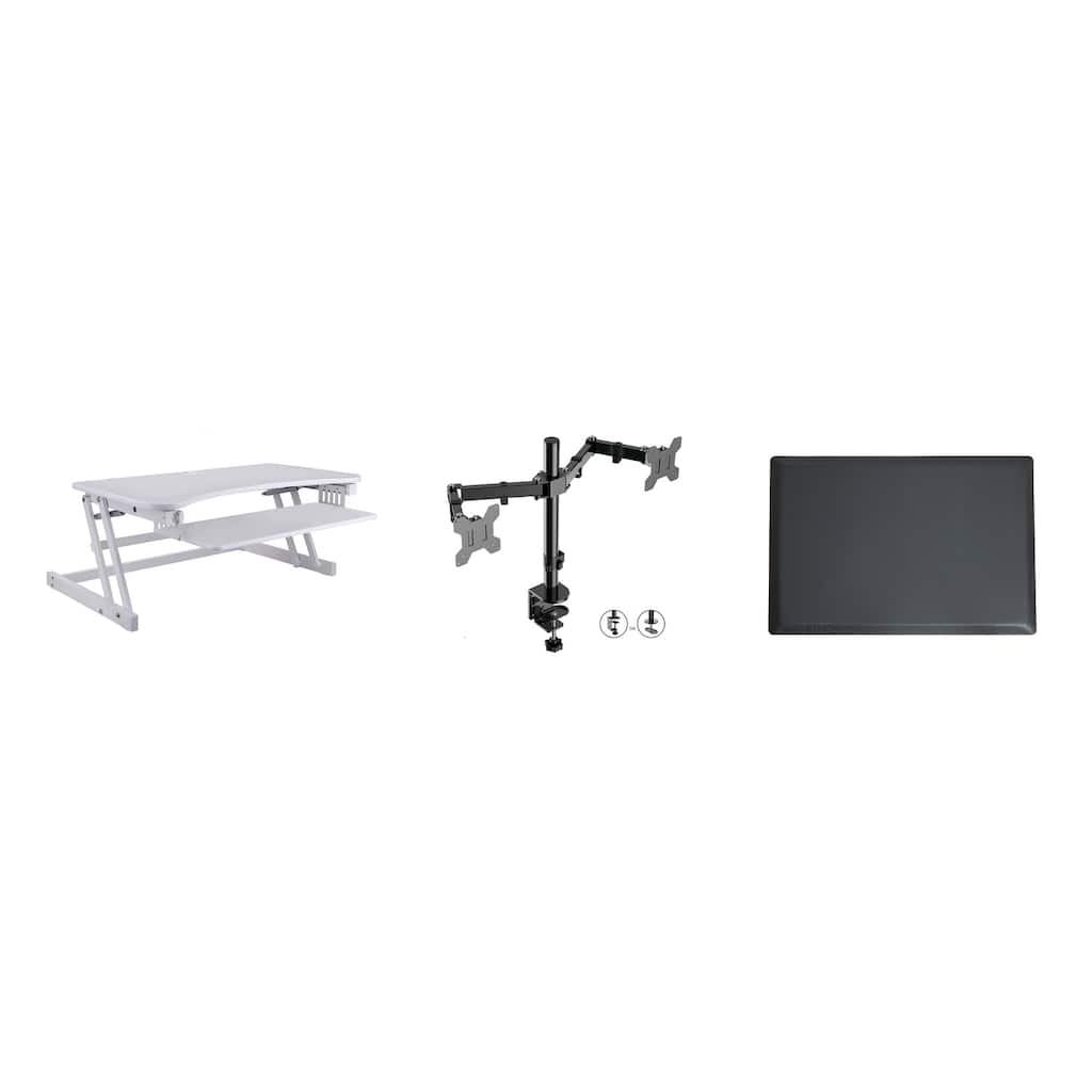 Rocelco 37.5 in. W White Height Adjustable Standing Desk Converter with Dual Monitor Mount and Anti Fatigue Mat Tray
