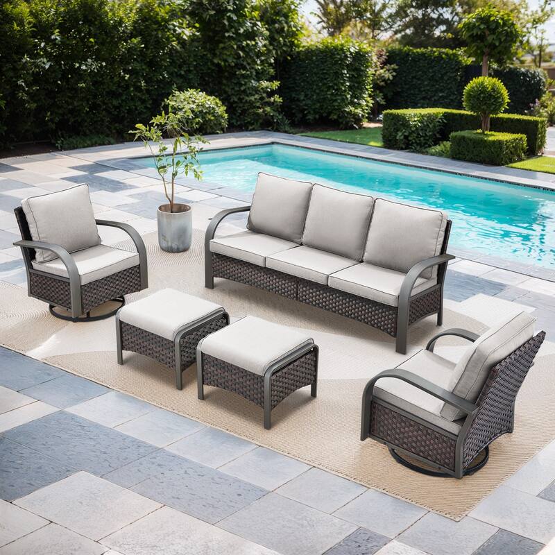 Outdoor Wicker Sofa with Swivel Chair and Ottoman - Brown - Beige