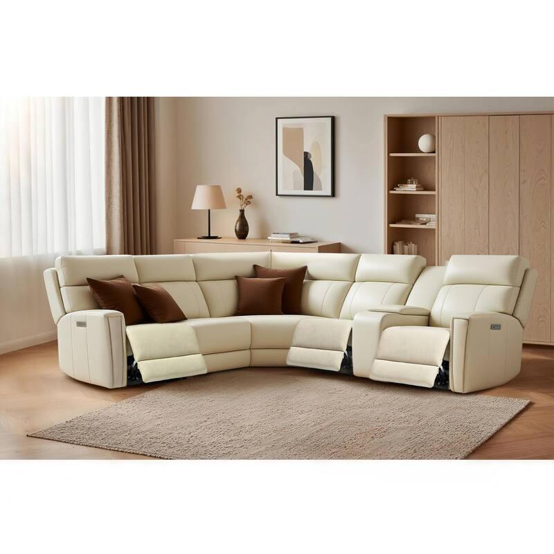 116" W L-Shaped Genuine Leather Power Reclining Sectional Sofa with Console, Ajustable Headrest, USB PortS, 1 Power Armlesschair - Cream