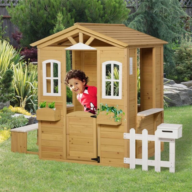 Natural and White Wooden Kids Outdoor Playhouse with Fence Mailbox Flowerpot Holders and Bench for Ages 3 to 8